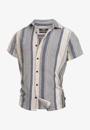 Short-sleeve button-up shirt in beige and navy blue, featuring horizontal striped patterns, textured fabric, and contrasting buttons.