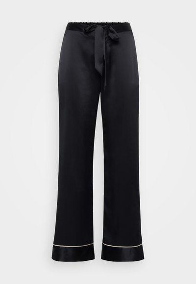 Zwarte satijnen wijde-pijp broeken met een elastische tailleband en strik, met contrasterende afwerking langs de zoom. Glad textuur en een relaxte pasvorm.