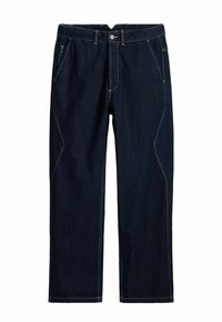 Dark blue denim jeans with a straight-leg cut, featuring contrasting yellow stitching, belt loops, and front pockets.