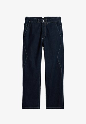 Mørkeblå denim jeans med lige ben, prydet med kontrasterende gule syninger, bæltestropper og frontlommer.