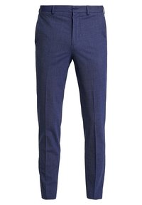 Skräddarsydda marinblå byxor i texturerad tyg, med slim fit, bältesloopar och zip-fly med knäppning.