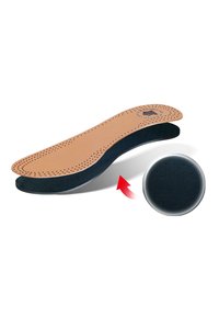 Brown leather insoles with a perforated surface and black foam backing, featuring contoured design and rounded edges.