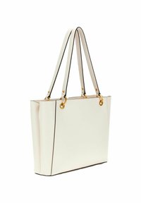 Borsa tote in pelle bianca con hardware dorato, bordi neri e due manici robusti. Forma rettangolare con una texture liscia e cuciture curate.