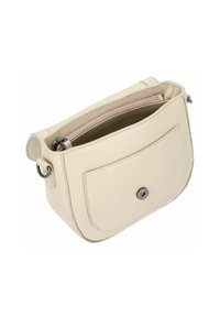 Borsa a tracolla in pelle beige con tasca frontale, dotata di chiusura a bottone magnetico e compartimento principale zip visibile all'interno.