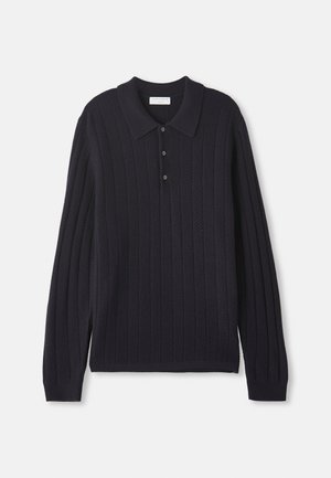 Dark navy long-sleeve knitted polo sweater with three buttons and ribbed cuffs, featuring a textured vertical stripe pattern.