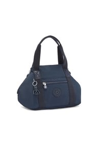Navy blue fabric handbag with black straps, rounded shape, zippered closure, exterior pocket, and a rubber animal charm attached.