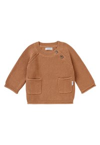 Pull en tricot beige avec une texture côtelée, présentant des manches longues, deux poches avant et des détails en bouton sur l'épaule.
