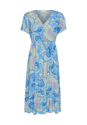Abito blu con motivo paisley, maniche corte, scollatura a V e vita aderente. Realizzato in tessuto leggero, presenta un orlo svasato.