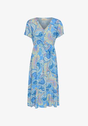 Mėlynas paisley rašto suknelis su trumpomis rankovėmis, V formos iškirpte ir prigludusia juosmeniu. Pagamintas iš lengvos medžiagos, su fokusuota apatine dalimi.