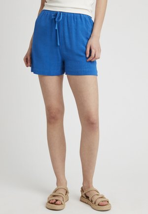 Shorts en lin bleu avec une taille élastique et un cordon de serrage réglable. Caractéristiques d'une coupe ample et droite, offrant confort et respirabilité.
