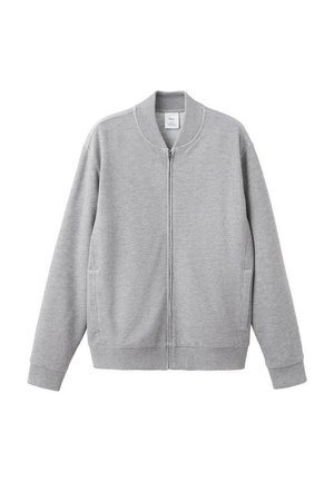 Sweat-shirt zippé gris avec col, poignets et ourlet côtelés. Comprend deux poches latérales et un tissu doux et texturé. Design simple et décontracté.