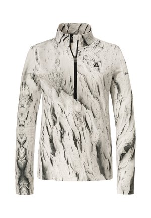 Langarm-Pullover mit Viertelreißverschluss in strukturiertem weißem und grauem Marmor-Muster, ausgestattet mit einem hohen Kragen und einem Logo auf dem Ärmel.