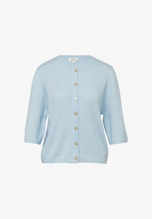 Light blue knitted cardigan with short sleeves and a round neckline, featuring seven beige buttons down the front.