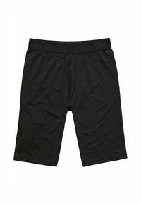 Shorts de sport noirs avec une taille élastique, poche latérale et tissu léger et lisse. Présente un logo discret sur la taille.