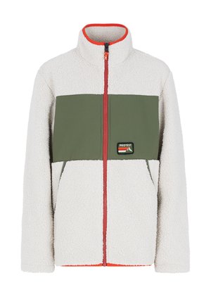 Fleecejacke in Creme mit einem grünen Mittelteil, Reißverschluss und roten Akzenten. Verfügt über ein Logo-Patch auf der linken Brust.