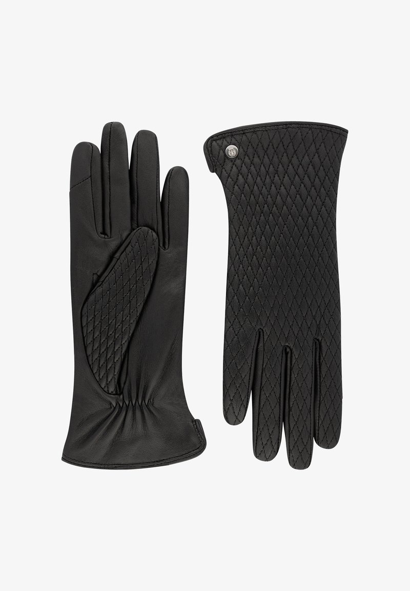 Schwarze Lederhandschuhe mit einer gesteppten Oberflächenstruktur, elastischem Handgelenk und einem Slip-On-Design. Mit einem Druckknopfdetail am Bund.