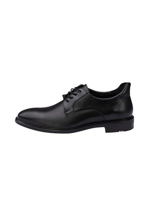 Black leather men's dress shoe with laces, smooth finish, and low heel, shown in side profile on plain white background.