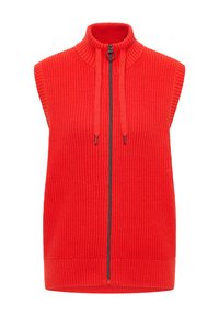 Mouwloos rood vest met een hoge kraag, ribbelige textuur, ritssluiting aan de voorkant en trekkoorddetails. Gemaakt van een zachte gebreide stof.