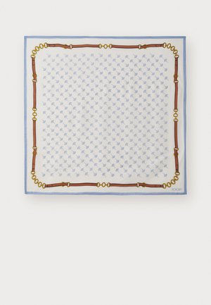 Silk scarf featuring a white background with blue floral patterns, bordered by brown leather-like accents and gold hardware details.