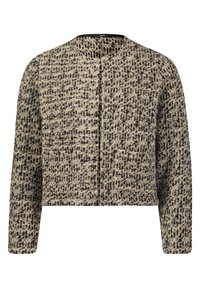 Veste courte tricotée avec manches longues et encolure ronde dans un motif beige et noir tacheté, ouverte à l'avant sans attaches visibles.