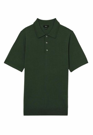 Polo de culoare verde închis, realizat din bumbac neted. Are un guler clasic, o plasă cu trei nasturi și mâneci scurte. Design minimalist, fără modele.