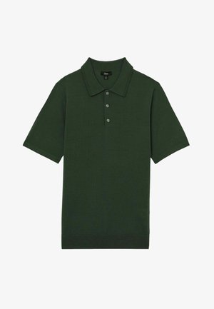 Tumedas rohelises polo-särgis on sile puuvill. Särgil on klassikaline krae, kolm nuppu ja lühikesed varrukad. Minimalistlik disain, ilma mustriteta.