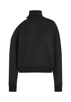 Sudadera corta negra con cuello alto, que presenta un tejido texturizado y un logo en relieve en el pecho. Mangas largas con puños de canalé.