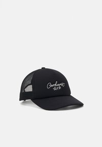 Gorra de béisbol negra con un frente sólido y parte trasera de malla. Presenta el logotipo bordado en blanco "Carhartt WIP" en la parte delantera.