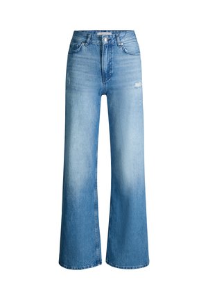 Lichtblauwe jeans met hoge taille en wijde pijpen, met een subtiel distressed detail aan de voorkant van het dijbeen en een klassieke vijfzakkenstijl.