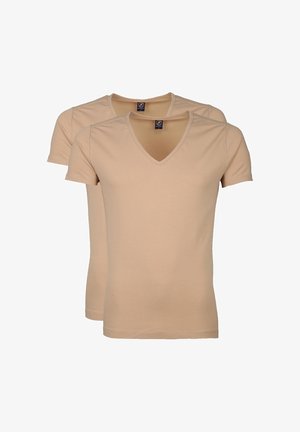 Two beige short-sleeve V-neck t-shirts stacked, showing front view with plain design and small black brand tags at the neckline.