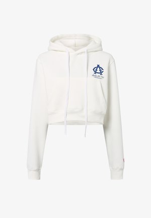 Geknipte witte hoodie van zachte stof, voorzien van een voorzak, blauw logo op de borst en witte koordjes aan de capuchon.