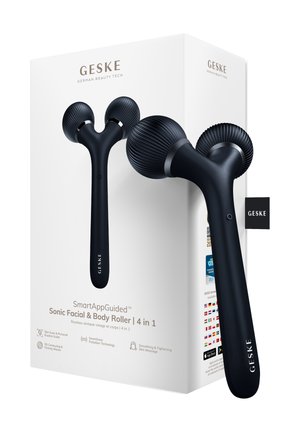 Zwarte dubbelkopige sonische gezichts- en lichaamsroller met gestructureerde bollen, getoond naast witte GESKE merkverpakking.