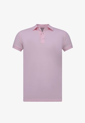 Korte mouwen lichtroze polo shirt met kraag en twee-knopen sluiting, weergegeven op een witte achtergrond.