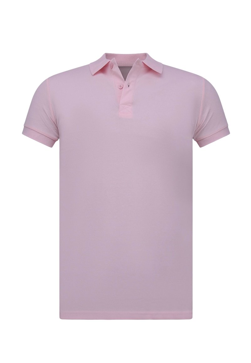 Korte mouwen lichtroze polo shirt met kraag en twee-knopen sluiting, weergegeven op een witte achtergrond.