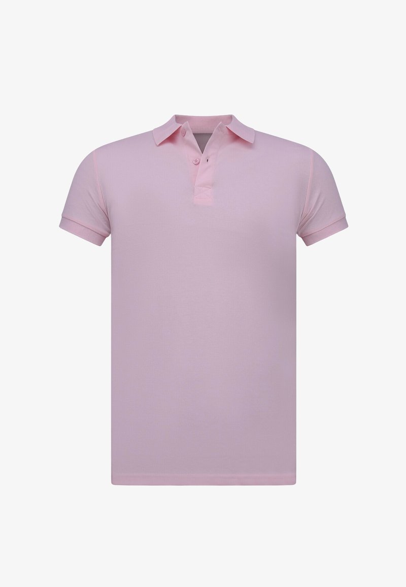Korte mouwen lichtroze polo shirt met kraag en twee-knopen sluiting, weergegeven op een witte achtergrond.