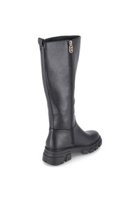 Schwarze Stiefel aus Leder bis zu den Knien mit strukturiertem Finish, seitlichem Reißverschluss und robuster Gummisohle mit Profil.