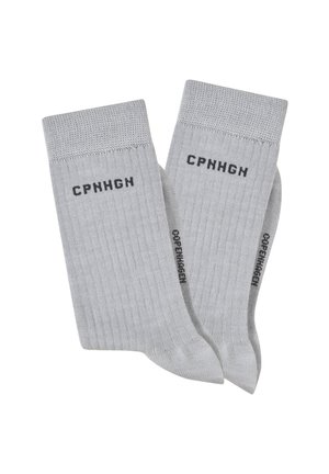 Gray ribbed socks with a textured cuff; features "CPHNHG" and "COPENHAGEN" printed in black on the sides. Soft fabric, medium thickness.