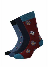 Trzy pary skarpet: bordowe z wzorami sów, granatowe z wzorami napojów i czarne. Wykonane z dzianiny, różne kolory mankietów, długość do połowy łydki.