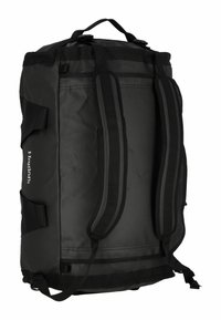Borsa a tracolla nera di forma rettangolare, realizzata in materiale resistente, dotata di due spallacci, manico superiore e tasca laterale.