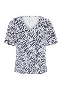Maglietta a maniche corte e scollo a V bianca con motivo floreale blu navy, realizzata in tessuto morbido, con vestibilità comoda e dettagli di cucitura sottili.
