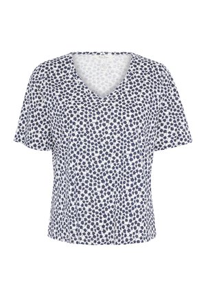 Top cu mânecă scurtă și decolteu în V, de culoare albă, cu un model floral bleu marin, realizat dintr-un material moale, având o croială relaxată și detalii subtile de cusătură.