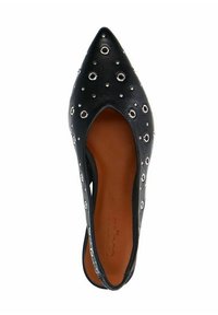 Black leather pointed-toe shoe featuring decorative silver grommets, a cut-out design, and a smooth brown insole.