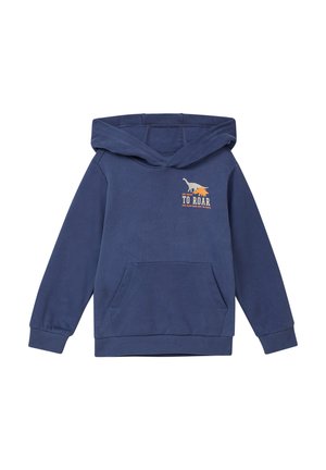 Marineblauer Kinderhoodie mit Fronttasche, Dinosaurier-Grafik und dem Text "Get ready to roar" auf der Brust.