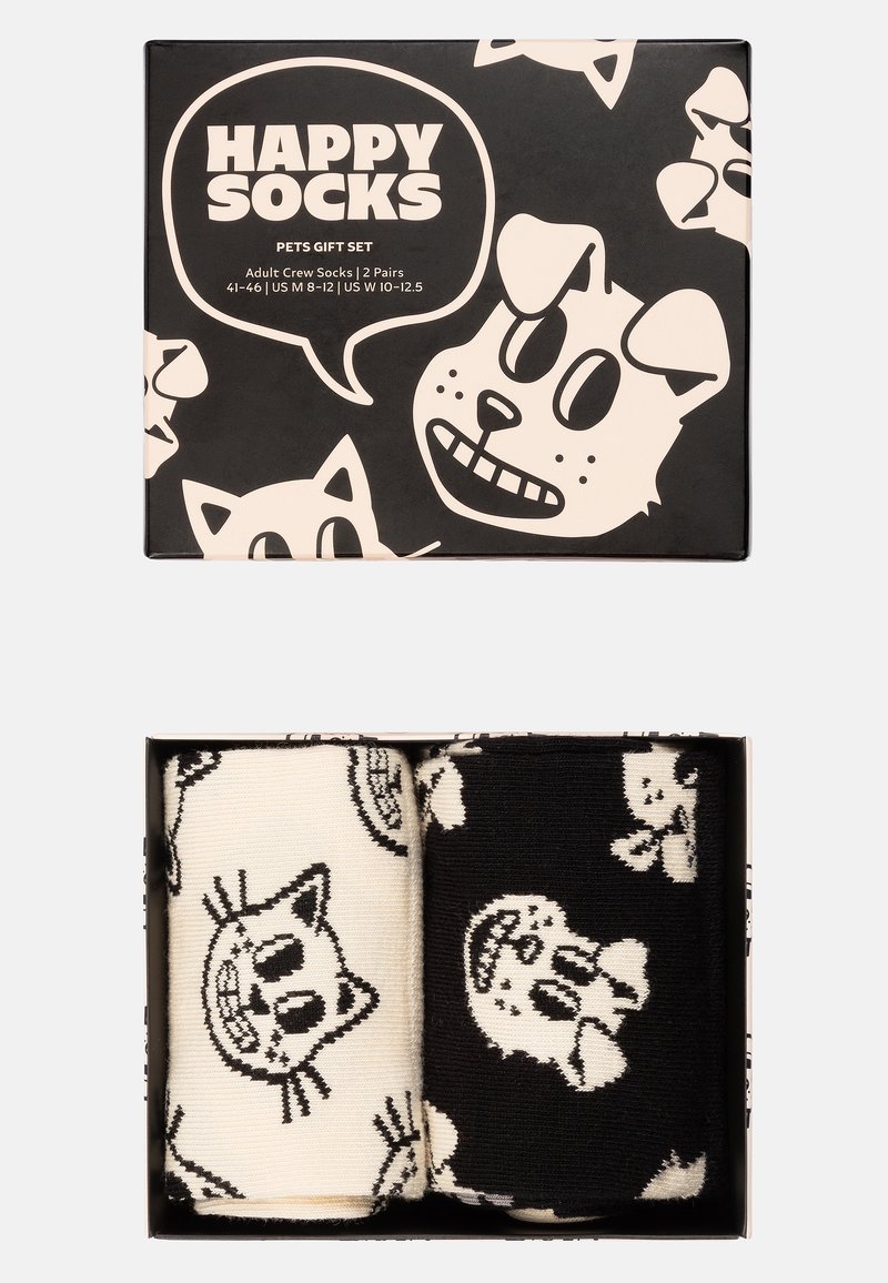 Schwarz-weiße Box mit zwei Paar Erwachsenen-Crew-Socken, die Karikatur-Gesichter von Katzen und Hunden auf kontrastierenden Hintergründen zeigen.
