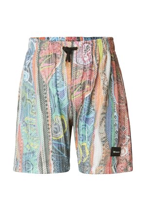 Meer gekleurde herenshorts met verticale strepen, zwarte trekkoord met gouden uiteinden en een klein zwart merkembleem bij de zoom.