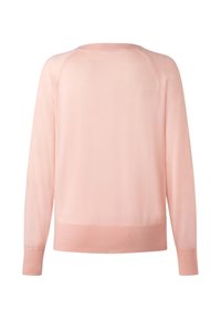 Maglione lavorato a maglia rosa chiaro con maniche lunghe e polsini a coste. Presenta una texture morbida e un design classico a collo giro.