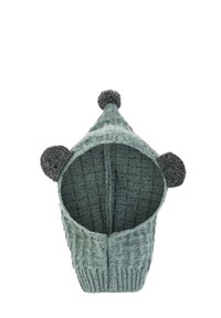 Bonnet en maille de couleur vert clair avec un sommet pointu, pompon gris et accents d'oreilles gris foncé. Présente un motif de cable texturé et une large bordure côtelée.