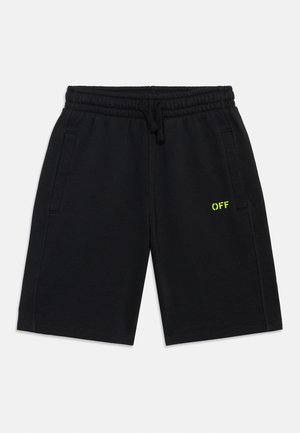 Pantalones cortos negros con cintura elástica y cordón, bolsillos laterales y pequeño texto "OFF" en neón amarillo en el muslo izquierdo.