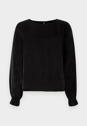 Schwarzes Langarmshirt mit Rundhalsausschnitt, aus weichem, leicht strukturiertem Stoff, mit gerafften Manschetten und einer Knopföffnung hinten.