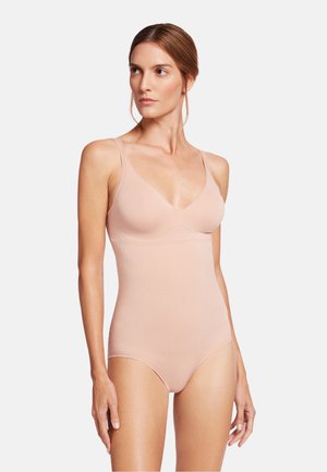 Naakloze bodysuit van een gladde, rekbare stof; heeft een V-hals, dunne bandjes en naadloze zijkanten voor een aansluitende uitstraling.